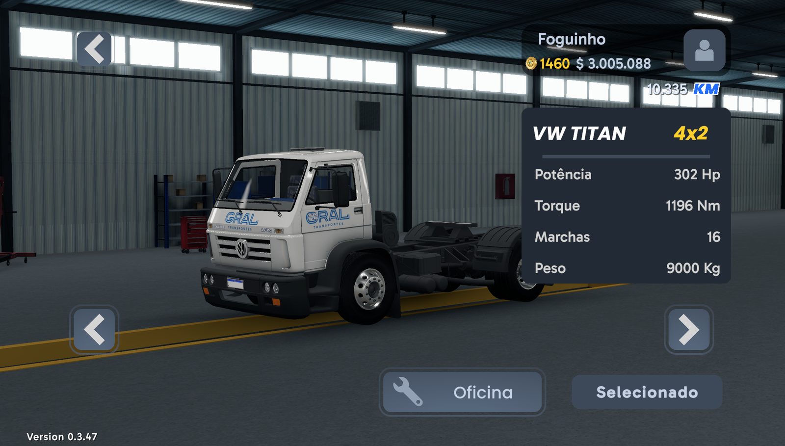 Garagem do jogo com o botão Oficina destacado