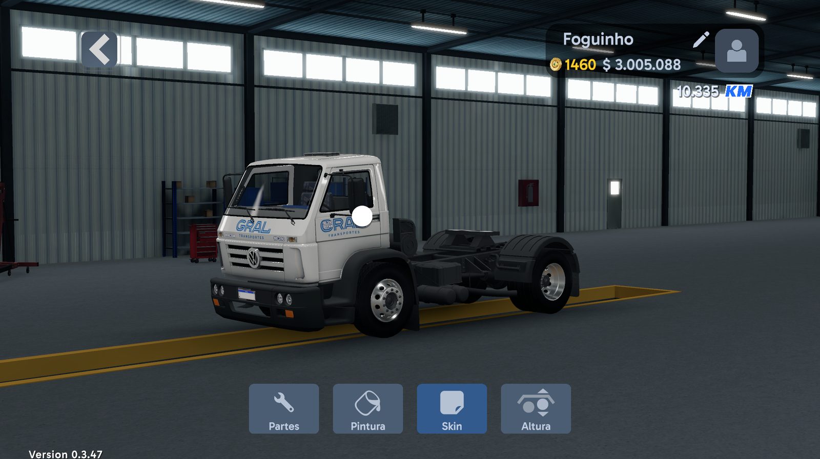 Oficina com a aba Skin ativa e o ícone branco no caminhão